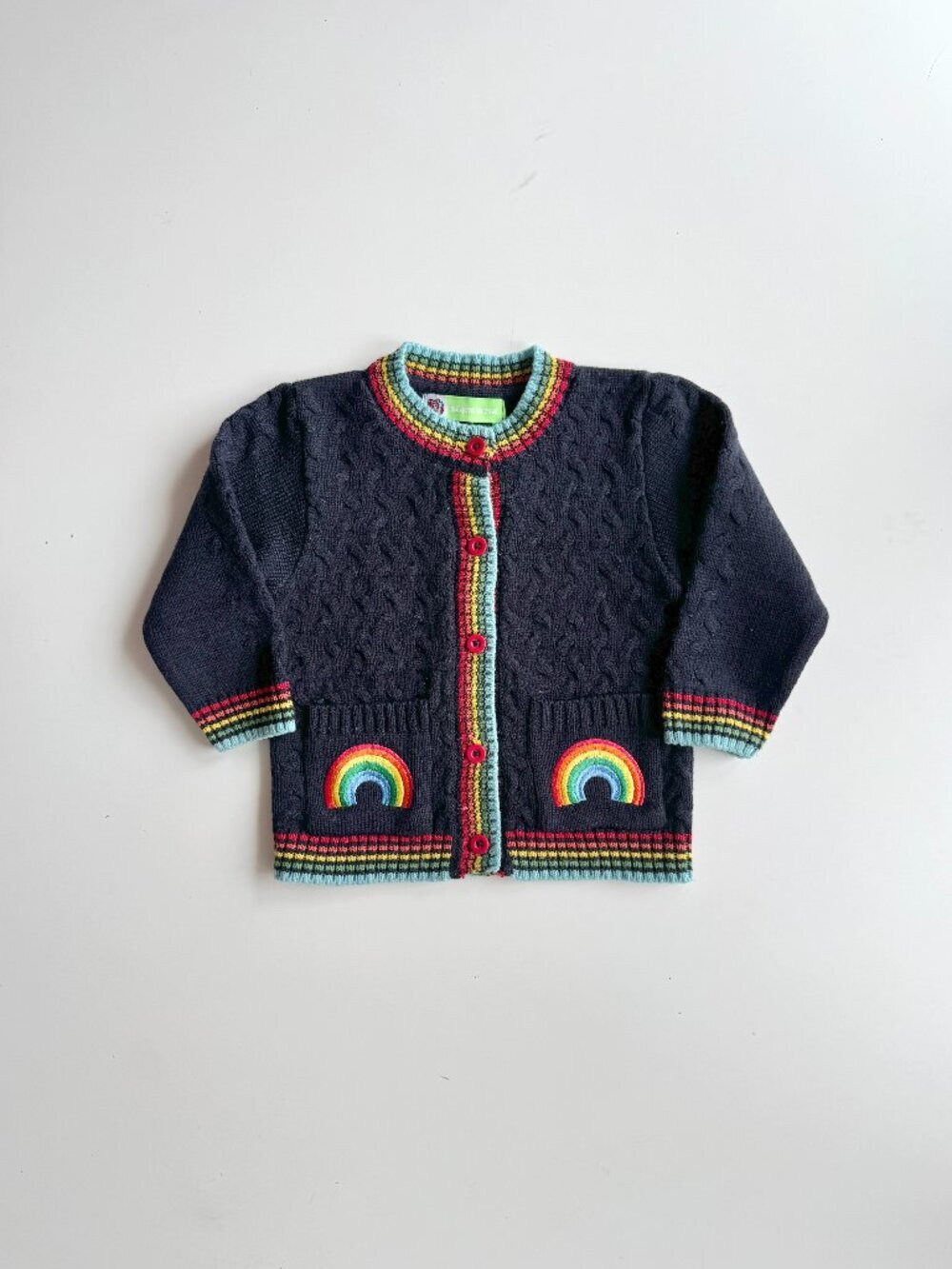 Baby BACHAA PARTY Navy Cable Knit Rainbow Trim Cardigan Sweater, Size 18-24M
